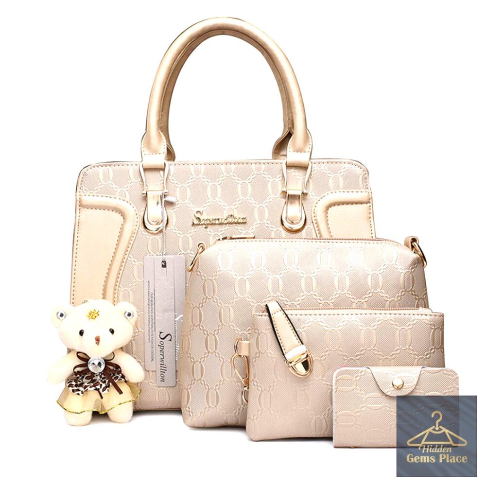 4-Piece Tote Shoulder Bag Set With Adjustable Strap And Gold Logo